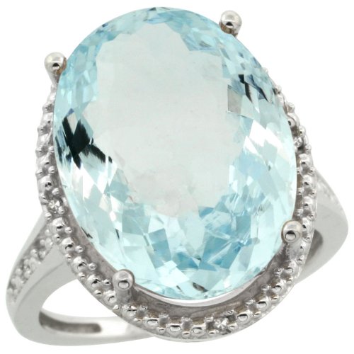 10k White Gold ( 18x13 mm ) Large Halo Engagement Aquamarine Ring w/ 0.04 Carat Brilliant Cut Diamonds & 12.63 Carats Oval Cut Stone, 3/4 in. (20mm) wide, size 5