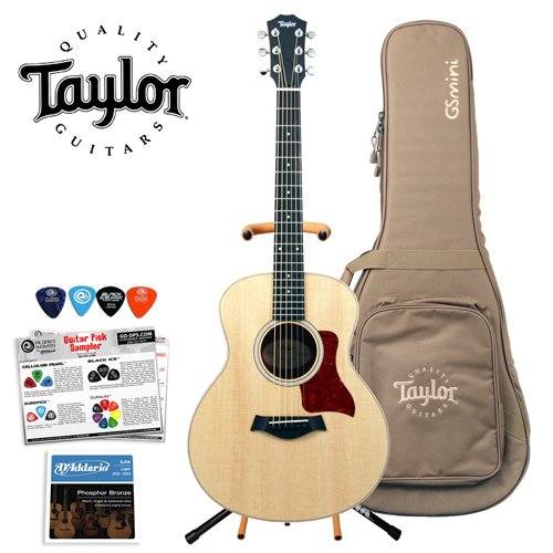 Taylor Guitars GS Mini Reduced Scale Grand Symphony Acoustic Guitar with Planet WavesGO-DPS 16 Pick Sampler DAddario Strings and Ultra Stand