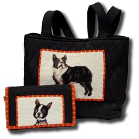 Claws Collection Needlepoint Boston Terrier Quilted Tote Bag Purse and Wallet Set Qt-w-314