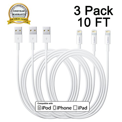Cablex(TM)3PCS 10FT 8 Pin to USB Extra Long Lightning Syncing and Charging Cable Cord Wire for iPhone 6/6s/6 plus/6s plus, 5c/5s/5, iPad 4 Mini Air iPod Nano 7 iPod Touch 5( White)