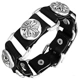 Fabulous Black Leather Link Bracelet, Stainless Steel Fleur-de-lis Cross Design, Adjustable for Men and Women