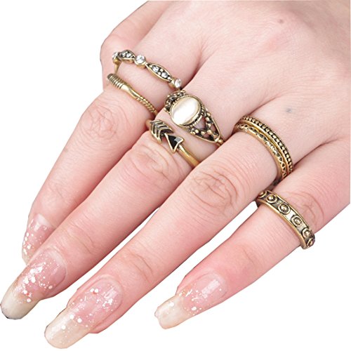 SUNSCSC Vintage Rhinestone Crystal Above Knuckle Stacking Band Midi Mid Ring Set of 7 Pcs
