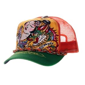 ED HARDY by Christian Audigier Mens Womens Unisex Trucker Hat Cap Tattoo Geisha Orange OSFA