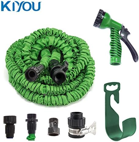 Expandable Garden Hose KIYOU 25 FT Outdoor Flexible Magic Water Hose Retractable Latex Wash Pipe 7 Pattern Spray Nozzle Shutoff Valve NPT Screw Thread Universal Faucets Adapter Connector (7.5 m, Green