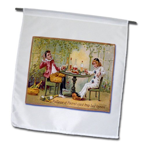 fl_180193_1 BLN Vintage Trade Cards Ad Art Reproductions - Clown and Young Man at Café Table with Wine and Food - Flags - 12 x 18 inch Garden Flag