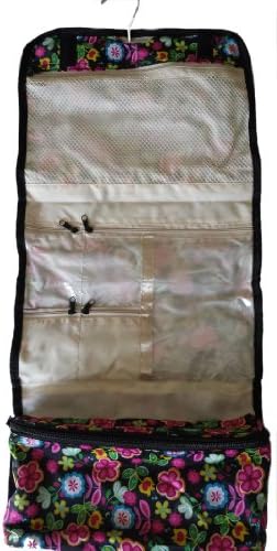 Cosmetic Makeup Travel Case Black & Pink Floral Paisley Flower Roll-up Hair Products Airplane Carry on Zipper Pocket