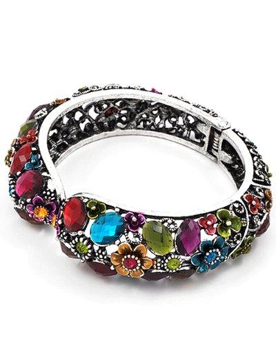  Silvertone Multi Color Acrylic Flower Design Fold-Over Bracelet
