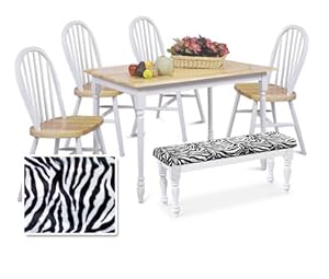 6 Piece Dining Set 4 Chairs Natural White Table Set With Zebra Print Bench
