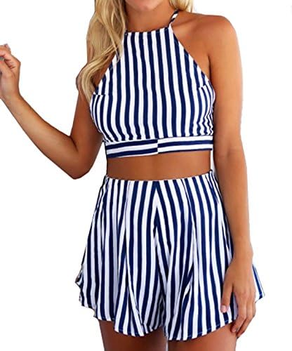 Women 2 Pieces Outfits Set Striped Backless Crop Top and Shorts Asian Size L Blue