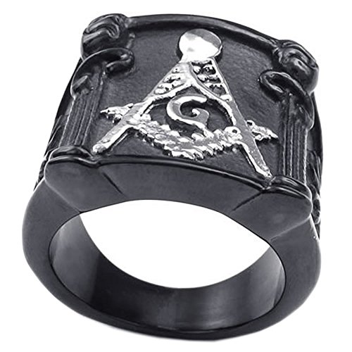 KONOV Mens Stainless Steel Ring, Vintage Heavy Freemason Masonic, Black Silver