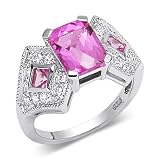 Majestic Radiant Cut Checker Board Created Pink Sapphire & White CZ Size 7 Gemstone Ring in Sterling Silver