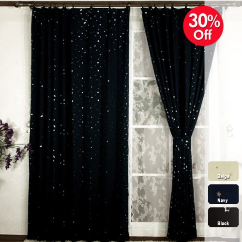 Star Print Thermal Insulated Blackout Curtain 84L-1Set-BLACK