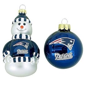 NEW ENGLAND PATRIOTS Mini Blown Glass Team Logo CHRISTMAS ORNAMENT SET (Snowman & Glass Ball)