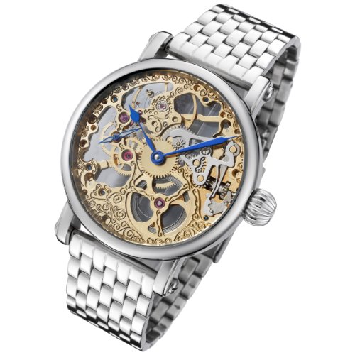 Rougois Mechanique Two Tone Skeleton Watch Polished Stainless Steel Band