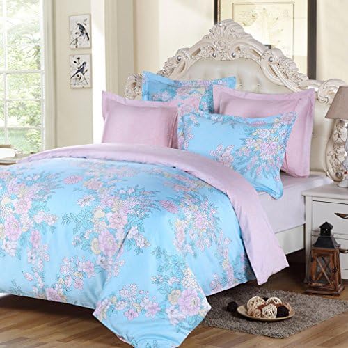 LANSIU Duvet Cover King Set, 100% Egyptian Cotton Pink Floral on Blue Girls Bedding, Reversible Printing with 220 Thread Count Percale