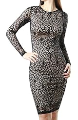 Spring Summer Fall Winter Lace Fitted Long Sleeves Floral Print Cocktail Acrylic/Cotton/Nylon/Polyester/Rayon/Spandex/Viscose/Wool  Dress