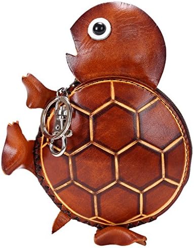 New Cool Unique Design Handmade Small Leather Animal Tortoise Zippered Coin Purse with Keychain Brown