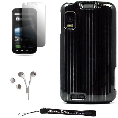 Black Glossy Striped Design Cover / 2 Piece Snap On Crystal Hard Case for Motorola ATRIX 4G Cell Phone + Includes a Screen Protector + Includes High Quality HD Noise Filter Earphones.