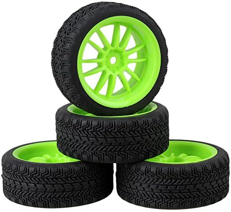 Mxfans Black High Grip Rubber Tyre and Green 12 Spoke Plastic Wheel Rim for RC1:10 On-road Racing Car Pack of 4