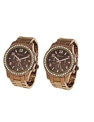 2 PACK Chocolate Geneva Crystal Rhinestone Chronograph Watch with Metal Link Band