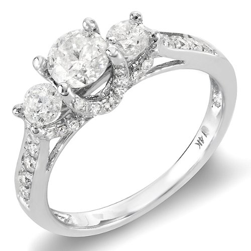 14k White Gold Round Diamond 3 Stone Ladies Bridal Ring Engagement (1.00 cttw, H-I Color, I1-I2 Clarity)