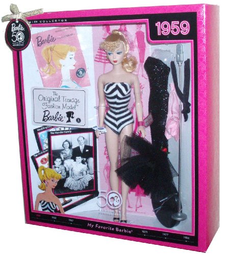 Barbie 50th Anniversary Collector Edition My Favorite Barbie Series "1959" Reproduction 12 Inch Doll - The Original Teenage Fashion Model Barbie In Black And White Bathing Suit Plus Evening Gown, Handkerchief, Stockings, Necklace, Microphone And Display S Picture