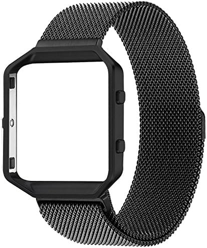 Pomarks Fitbit Blaze Band with Metal Frame, Premium Milanese Loop Accessories Large Band (6.1"-9.3" Wrist) with Alloy Frame, Stainless Steel Replacement Bracelet Strap for Women/Men - Black