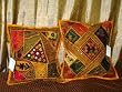 Pair Deep Saffron Bead Embroidery Sari Cushion Covers