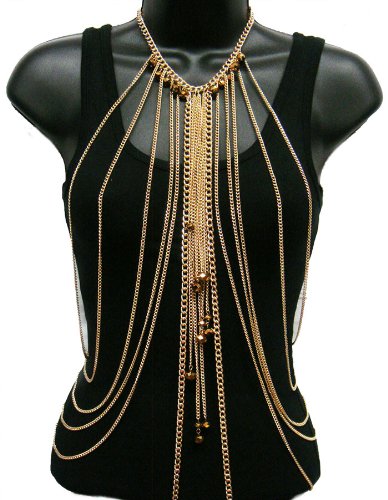 Ladies Goldtone Dangling Multi-faceted Beads Layered Body Chain