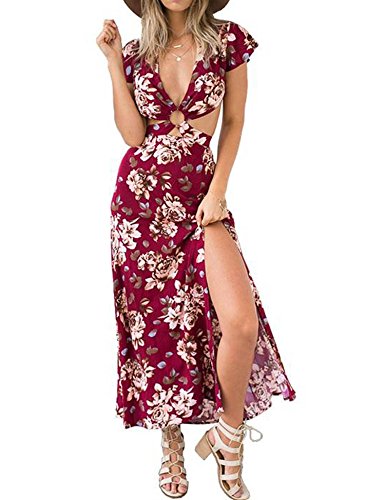 Eshion Women's Boho V Neck Backless Retro Split Floral Maxi Dress