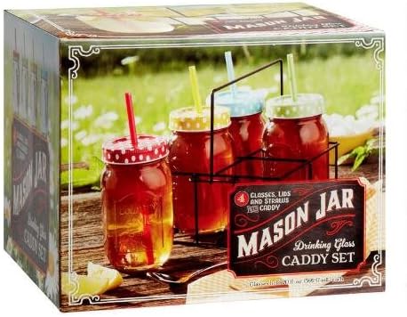 Mason Jar Glasses, 4 Clear 20 Oz Drinking Glasses Set With Matching Polka-Dot Lids And Colored Straws. Includes Convenient Carrying Caddy
