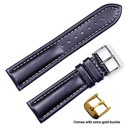 deBeer brand Breitling Style Oil Tanned Leather Watch Band (Silver & Gold Buckle) - Black 24mm