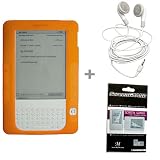 Orange Color Amazon Kindle 2 E-Book Reader Silicone Rubber Skin Case + Kindle2 Stereo Sound Earbud Headphones + Kindle2 Anti Scratch LCD Screen Protector