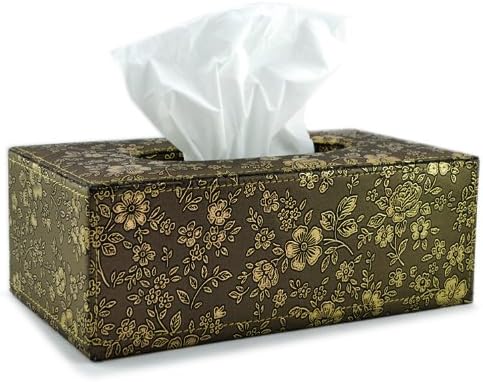 Tissue Box Cover Rectangle Gold Flower Line Pu Leather Holder for Home Office Hotel Grey Color
