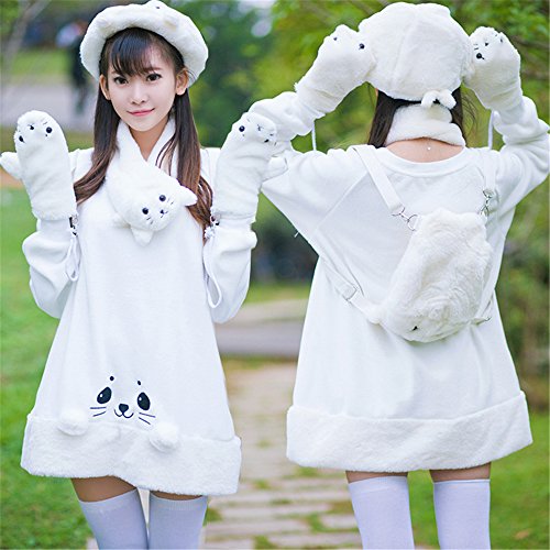 ロリータ 萌え レディース スウェットパーカー （ベレー帽＋スカーフ＋手袋＋リトルバッグ）４点セット付き ワンピース ブラウス 可愛いアザラシ ふわふわ素材 清純風 カジュアル 無地 秋 冬 ホワイト