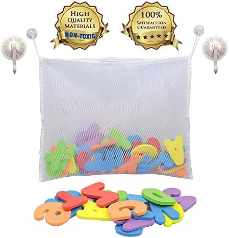 Bath Letters and Numbers,36 Count with Bath Toy Organizer,White(FREE BONUS 2 Extra Strong Suction Cups)