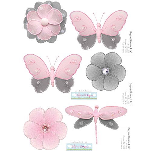 Butterfly Wall Decal Stickers Gray Grey Pink Butterflies Flower Dragonfly Mural Vinyl Sticker Decals Childrens Nursery Baby Room Decor Girls Bedroom Decorations Kid Child Murals Baby Shower Decoration