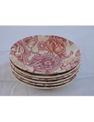 Kitchen: SET Of 6 - Vintage Johnson Brothers Red / Pink Flowers English Chippendale 5 x 1 1/2 Inch Berry Bowls - Johnson Brothers