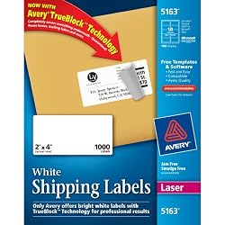 Avery Mailing Labels for Laser Printers, 2 x 4 Inches, 10-Up, White, Box of 1000 (05163)