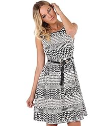 Fit-and-Flare Bateau Neck Pleated Elastane/Polyester/Viscose General Print Skater Dress/Midi Dress 