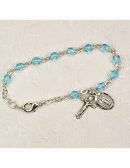 Sterling Silver 5 1/2" L Blue Aqua Baby Bracelet, Infant Jewlery, Girls Rosary Bracelet, March Birthstone with Crucifix Cross & Miraculous (St. Mary) Charms