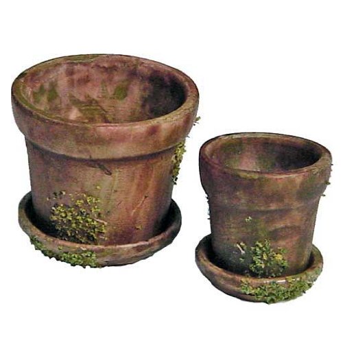 Dollhouse Miniature Two Mossy-Brown Pots with Saucers