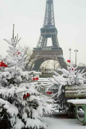 Rare Snowy Day in Paris. the Eiffel Tower and Decorated Christma - 24"H x 16"W - Peel and Stick Wall Decal by Wallmonkeys