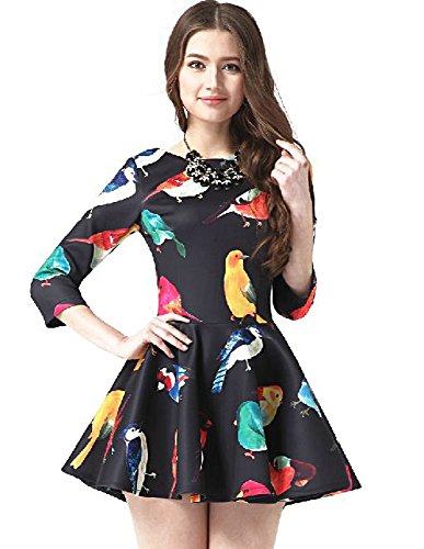 ワンピース ドレス ミニスカート バードプリント Aライン カラフル 熱帯２次会 パーティ デート カジュアル レディース 秋物 冬物 可愛いスカーフ付き R462