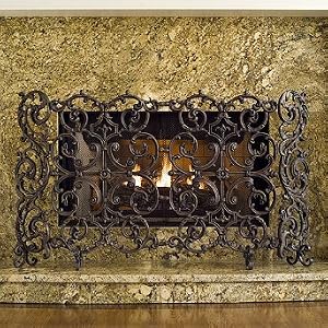 Classic Two Panel Iron Fireplace Screen - Antique Pewter, With Mesh Backing - Frontgate