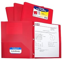 C-Line Two-Pocket Heavyweight Poly Portfolio with Prongs, For Letter Size Papers, Includes Business Card Slot, 1 Case of 25 Portfolios, Red (33964)