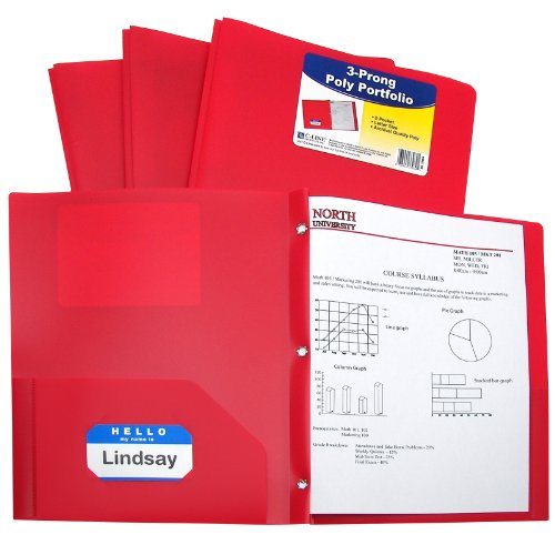 C-Line Two-Pocket Heavyweight Poly Portfolio with Prongs, For Letter Size Papers, Includes Business Card Slot, 1 Case of 25 Portfolios, Red (33964)