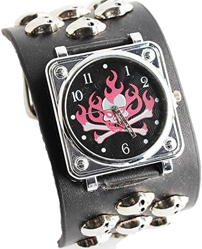 Unisex Top Plaza Men's Rivets Punk Rock Collection Skull Black Leather Belt Bracelet Watch