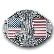 Pewter Belt Buckle - American Cowboy & Flag - Pewter Belt Buckle