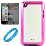 Pink with White Premium Rubberized Hard Crystal TPU Silicone Skin Cover Case for Apple iPod Touch 4th Generation (8GB, 16GB, 32GB, 64GB) + Mirror Screen Protector for iPod Touch 4th Generation LCD Display Screen + SumacLife TM Wisdom Courage Wristband